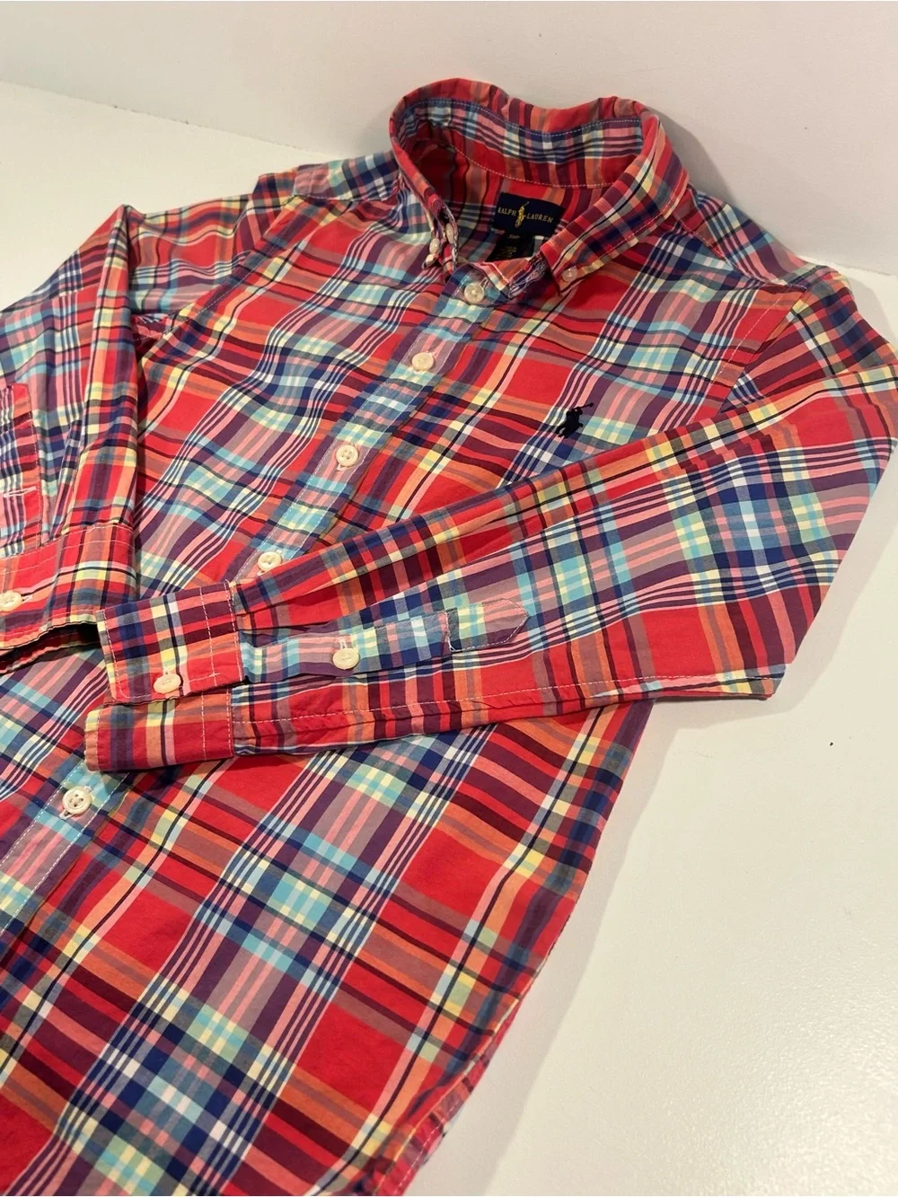 Polo Ralph Lauren Boys Size 8 Red Blue Plaid Long Sleeve Button Down Shirt